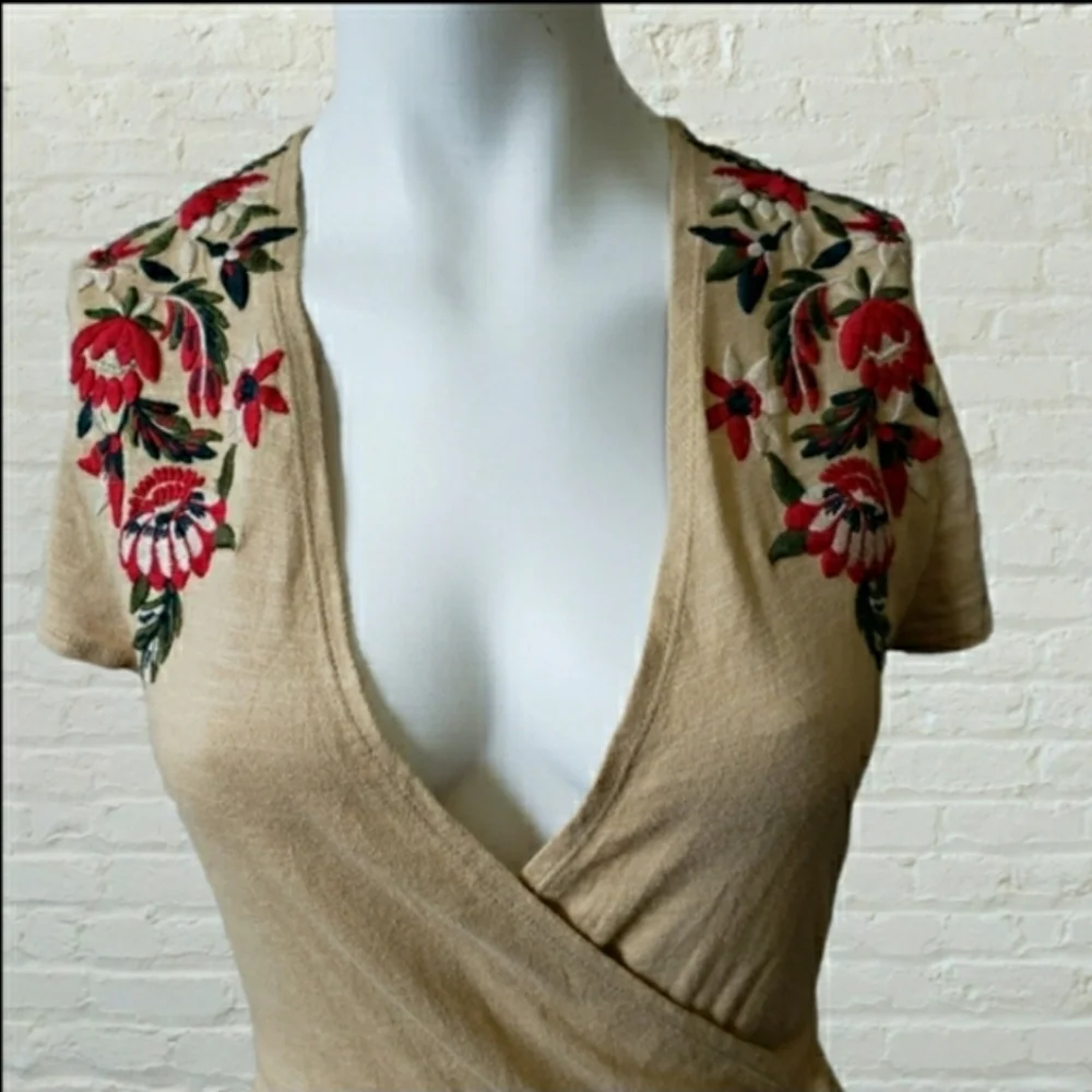 Zara Knit medium tan embroidered floral cotton faux wrap mini dress - Picture 5 of 12